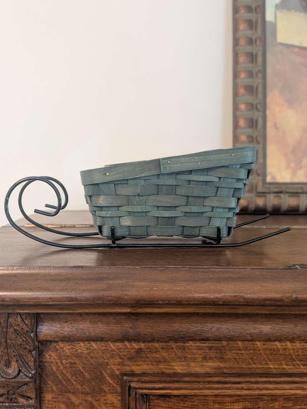 Woven Wood Sleigh Basket Black Metal Runners Holiday Decor